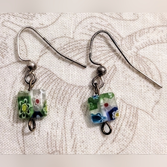 Source Unknown Jewelry - Floral Blue and Green Transparent Cube Bead Hook Earrings